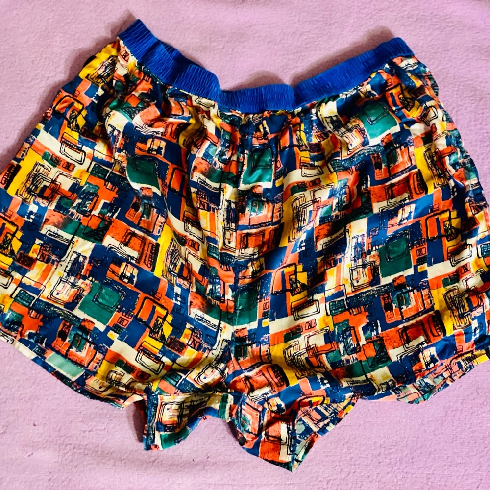 Vintage RECKLESS 100% SILK MENS PRINT BOXERS BLUE ORANGE